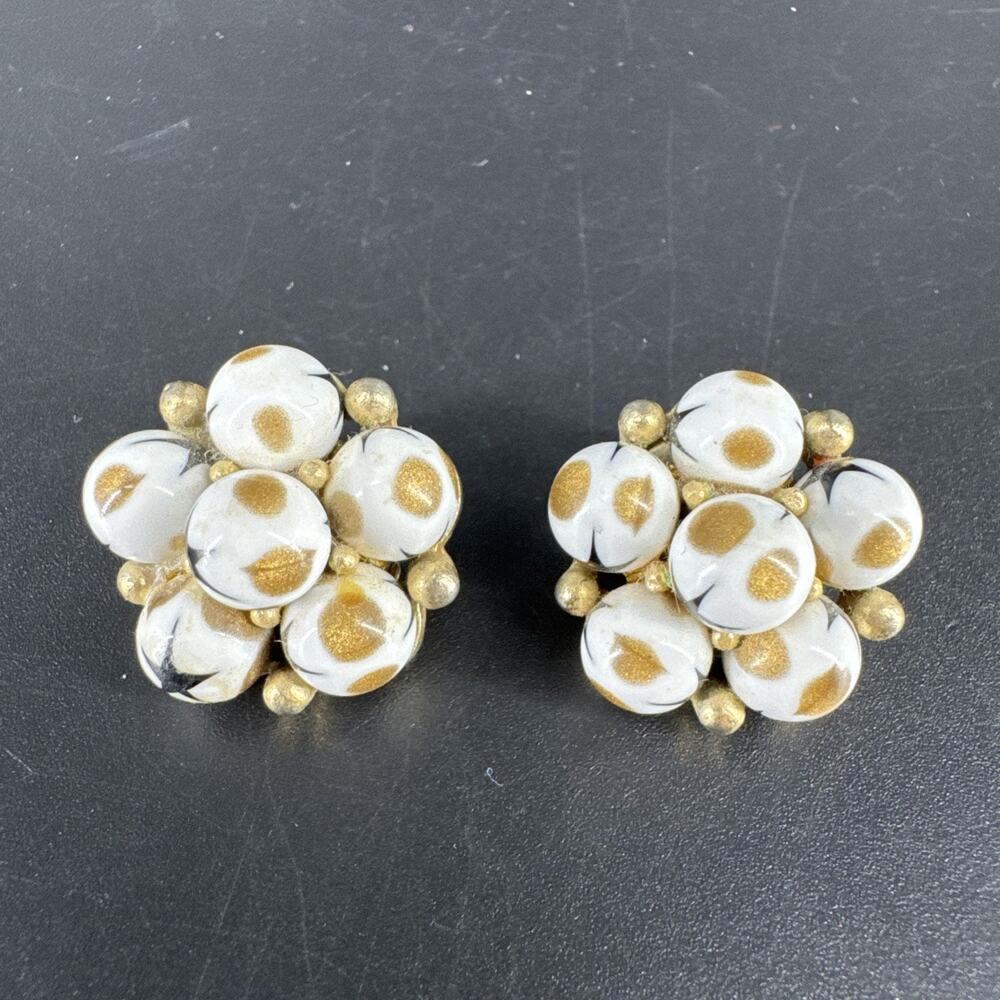 Vintage Cathe Clip Earrings MCM Atomic Iridescent Gold and White Glass